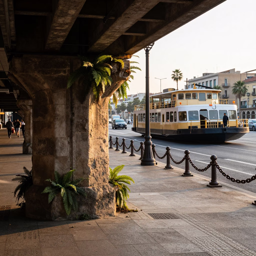 Morning Light on Barcelona Street Corner with Chain Ferry and Viaduct in in Barcelona, Spain