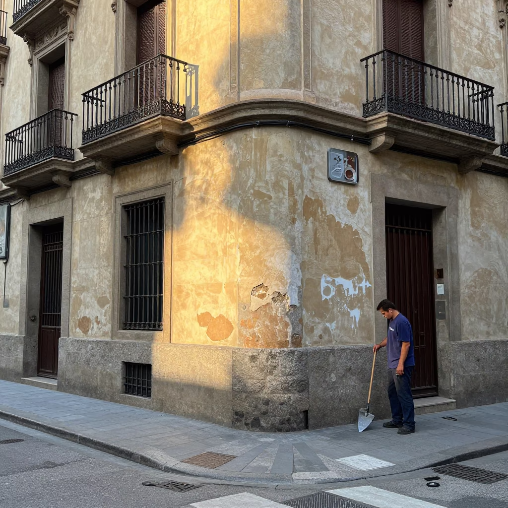 Morning light on Barcelona street corner with trowel and condensation on tea stained wall in in Barcelona, Spain