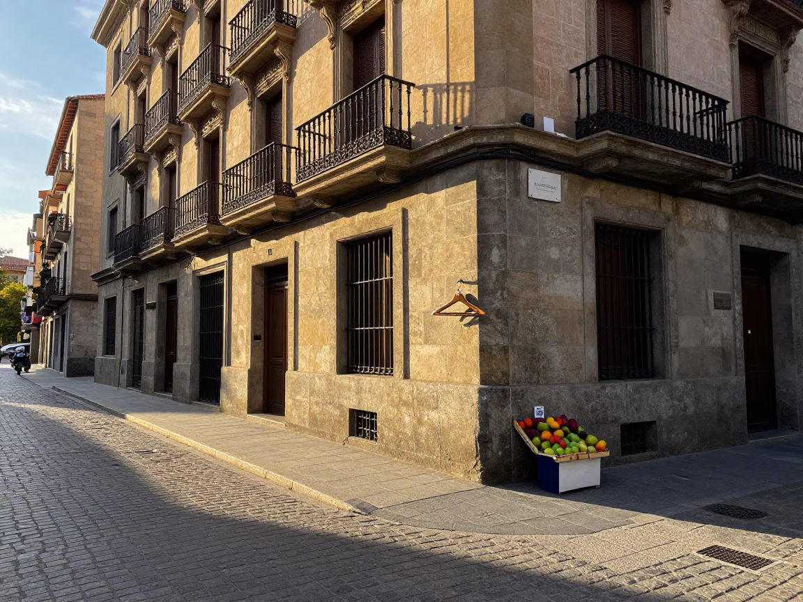 Morning light on Barcelona street corner with wooden hanger and fruit market display in in Barcelona, Spain