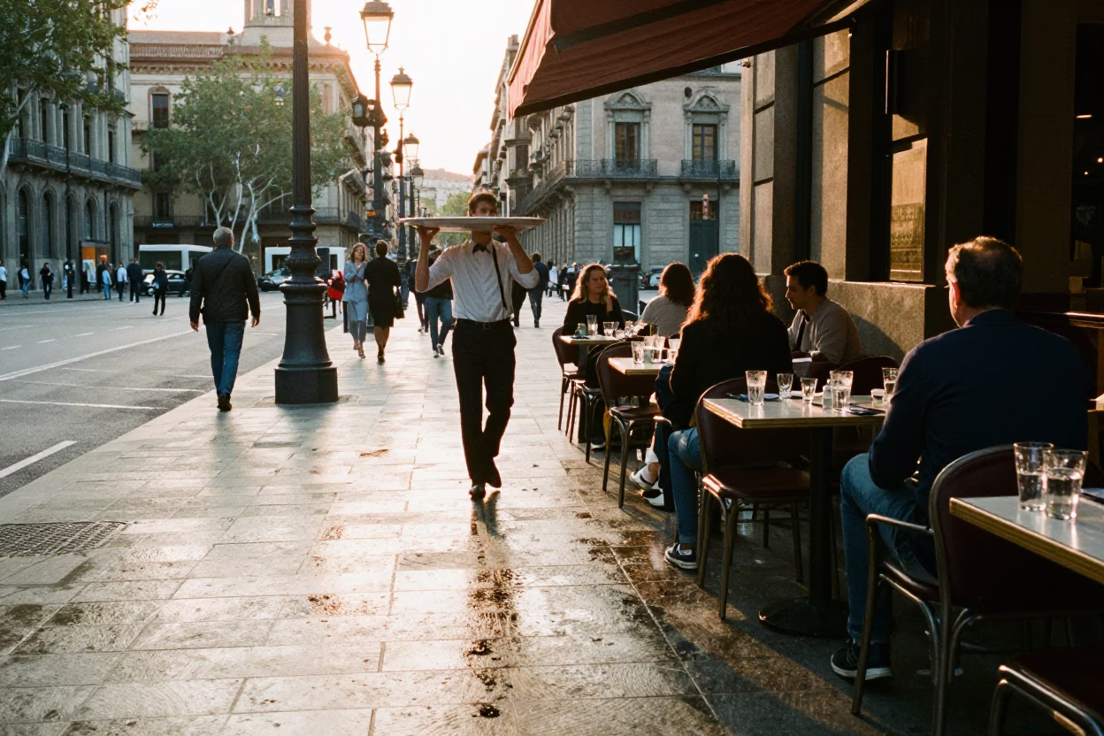 Morning Light on Barcelona Street with Glass Tumblers and Local Cafe Life in in Barcelona, Spain