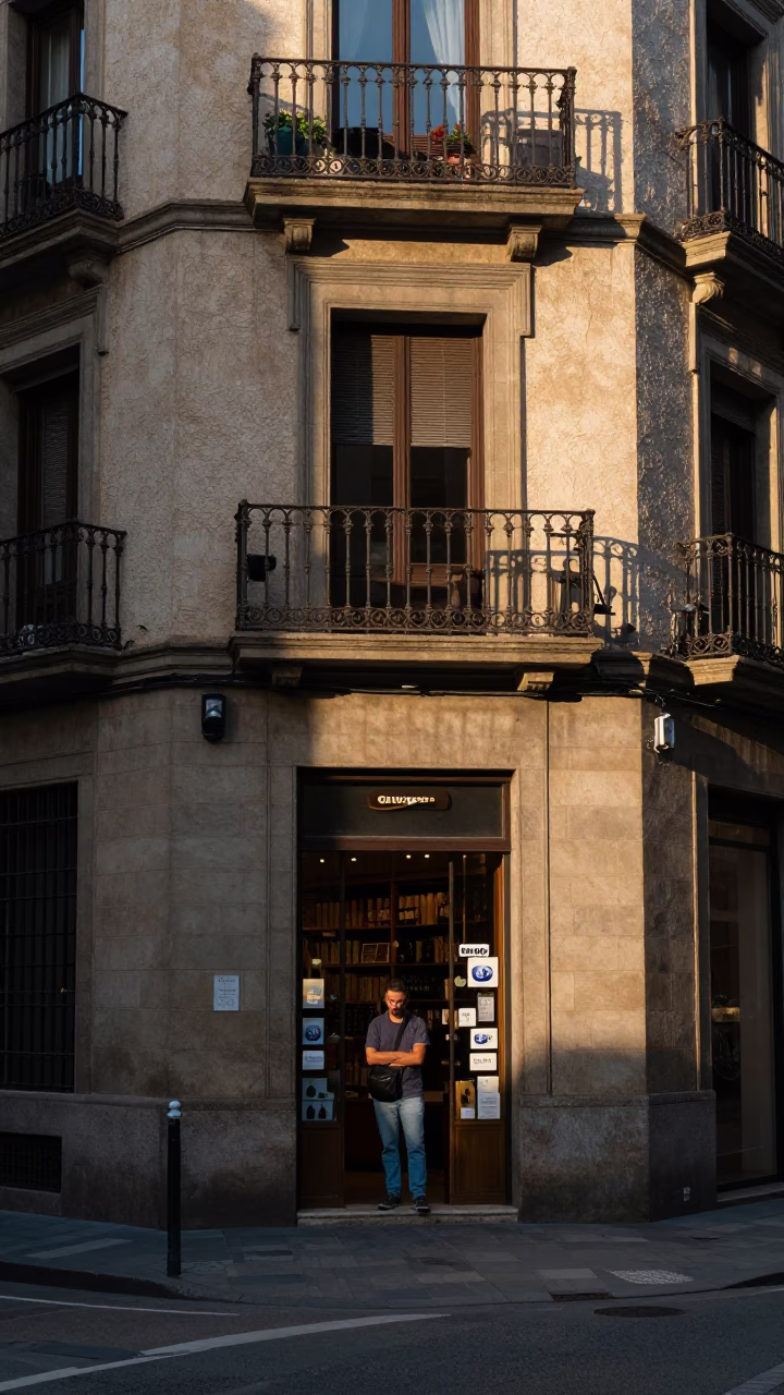 Morning Light on Barcelona Street with Local Shopkeeper and Coffee Thermos in in Barcelona, Spain