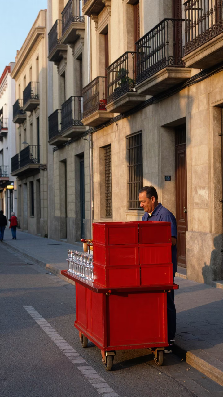 Morning light on Barcelona street with red lacquered wood and glass bottles in in Barcelona, Spain