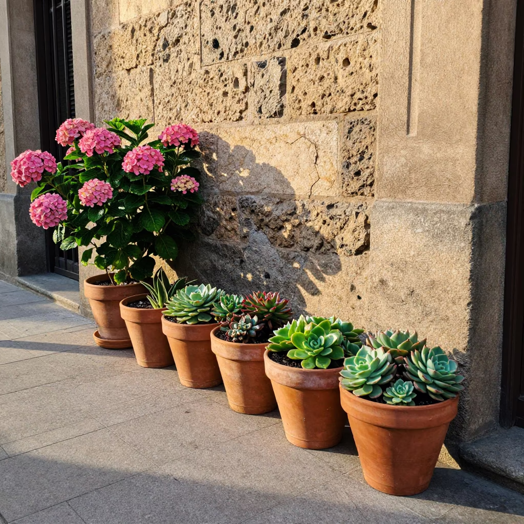 Morning light on Barcelona street with terracotta pots and blue flowers in in Barcelona, Spain