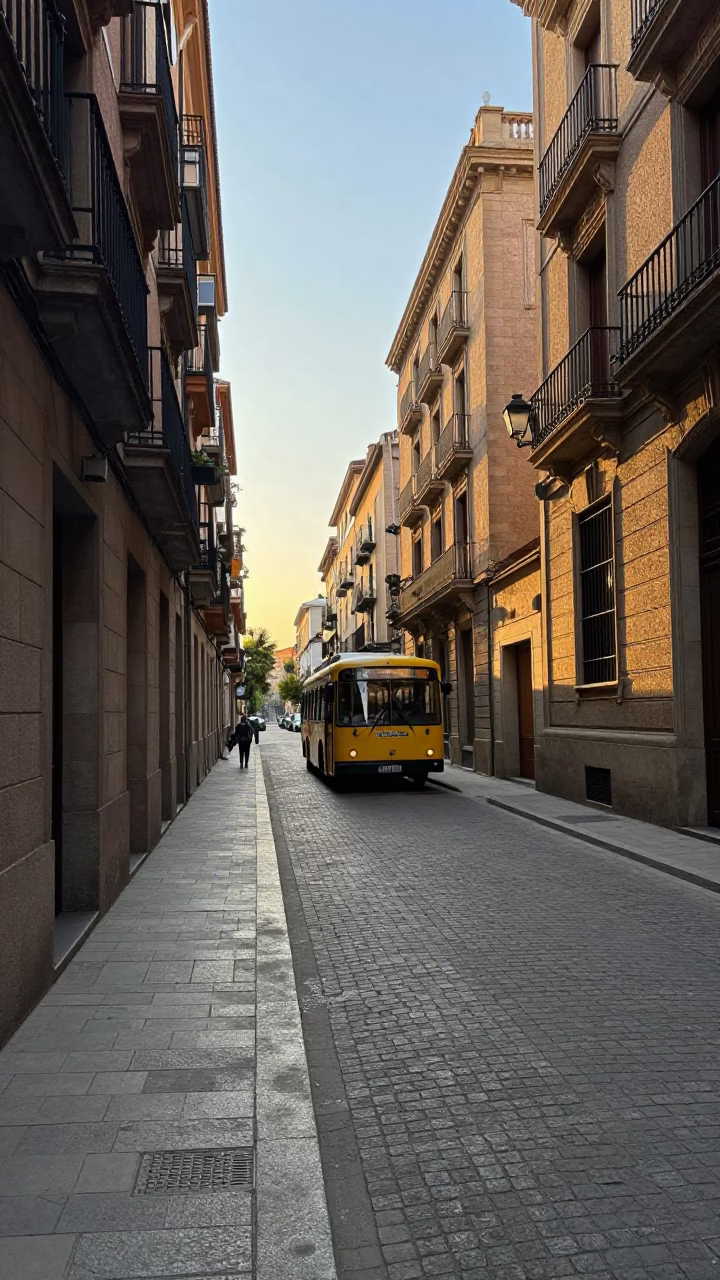 Morning Light on Barcelona Street with Vintage Bus and Local Market Details in in Barcelona, Spain