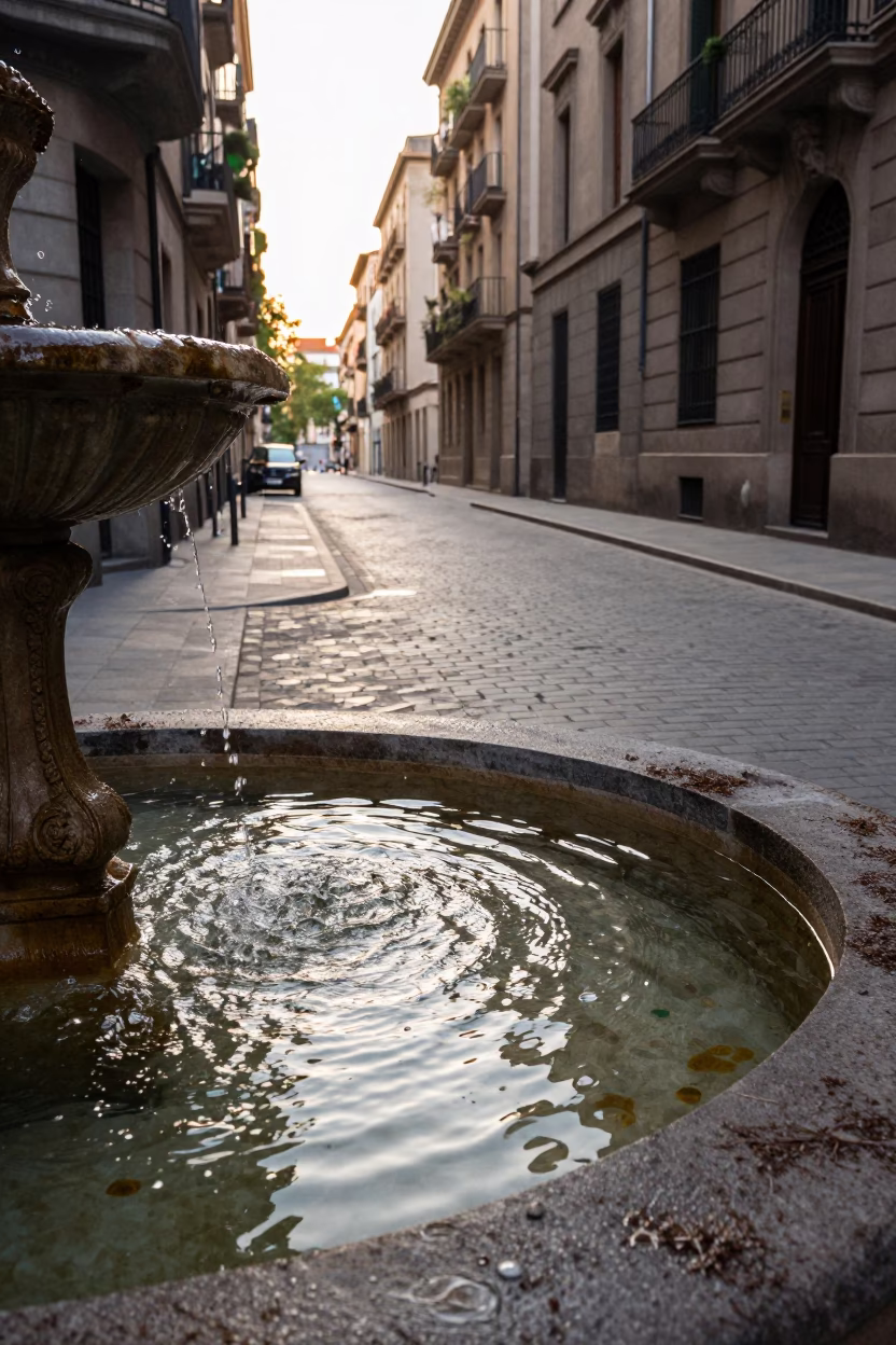 Morning light on Barcelona street with water ripples and urban details in in Barcelona, Spain