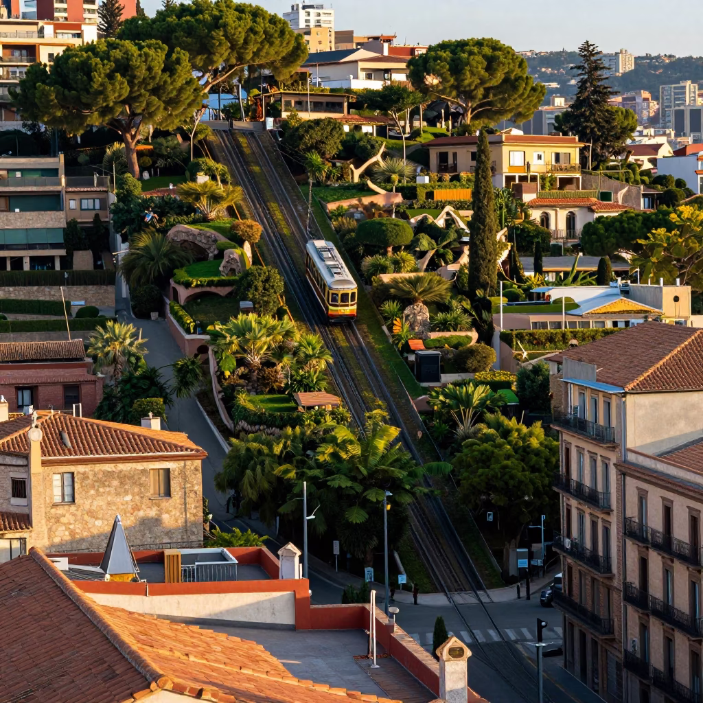 Morning light on Barcelona streets with funicular and local street life in in Barcelona, Spain