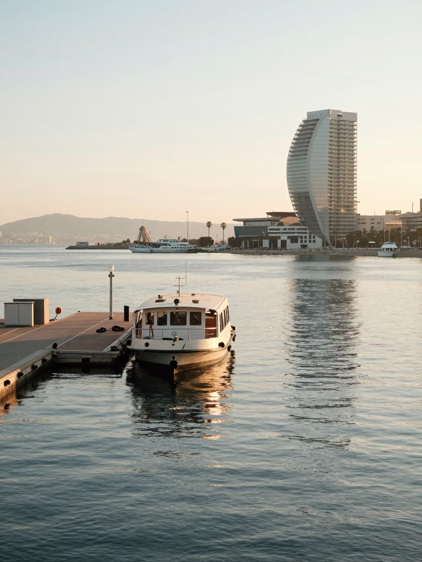 Morning light on Barcelona waterfront with water taxi at floating dock in in Barcelona, Spain