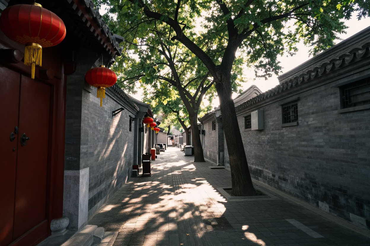 Morning light on Beijing alleyway with hanging lanterns and local residents in in Beijing, China