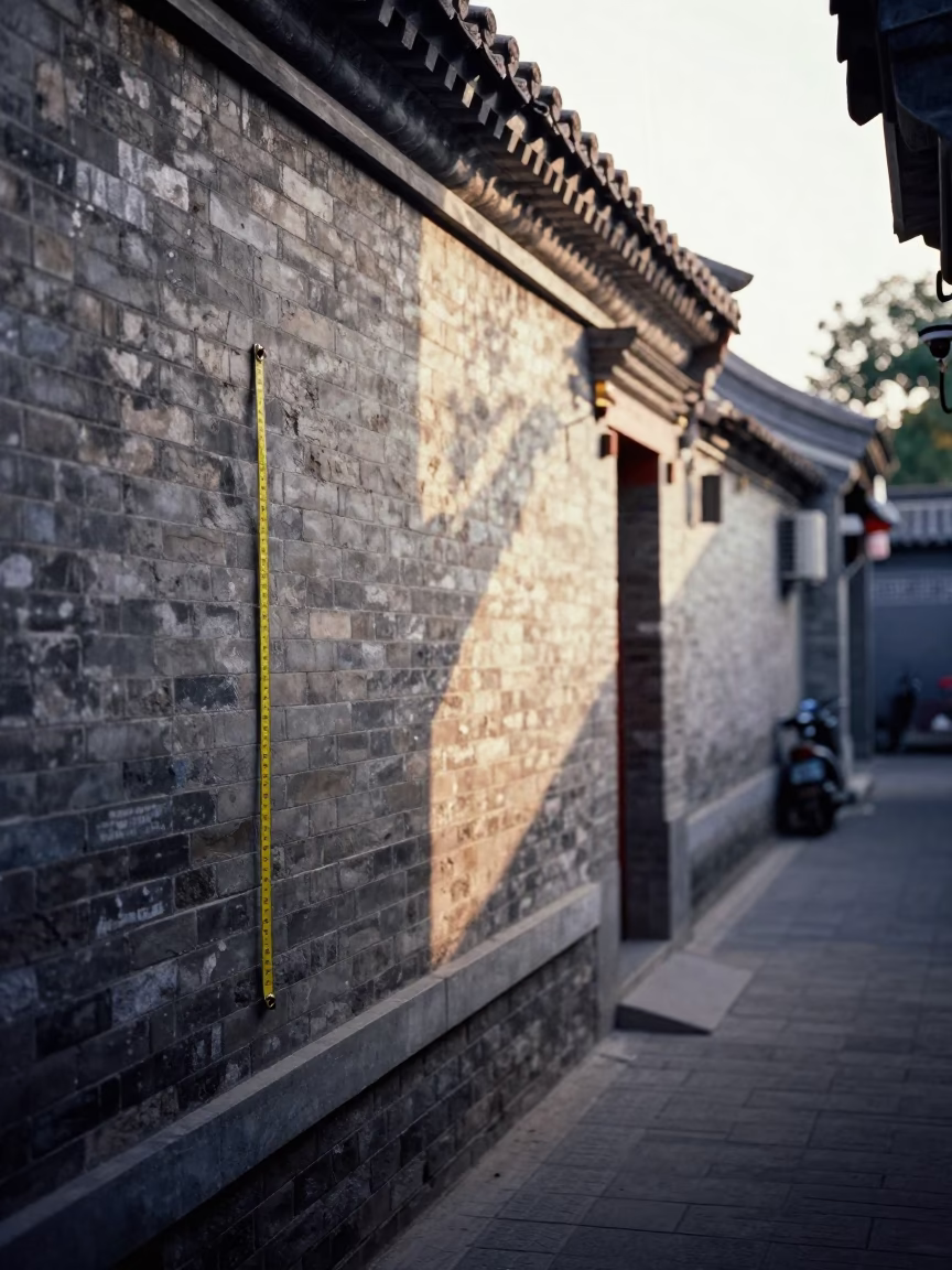 Morning Light on Beijing Hutong Alley with Measuring Tape and Soap Residue in in Beijing, China