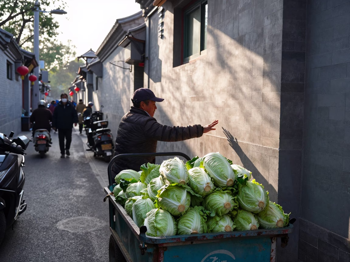 Morning light on Beijing street with cabbages and window rail reflections in in Beijing, China