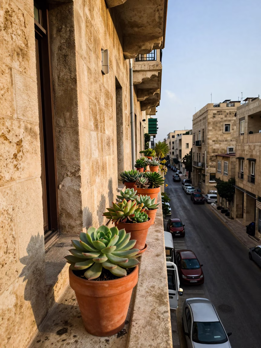 Morning light on Beirut balcony with terracotta succulents and local street view in in Beirut, Lebanon