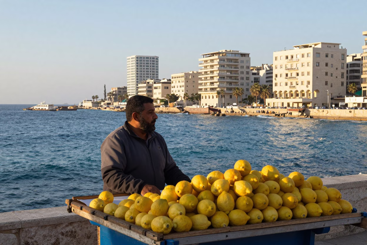Morning light on Beirut coastline with lemon seller and traditional architecture in in Beirut, Lebanon