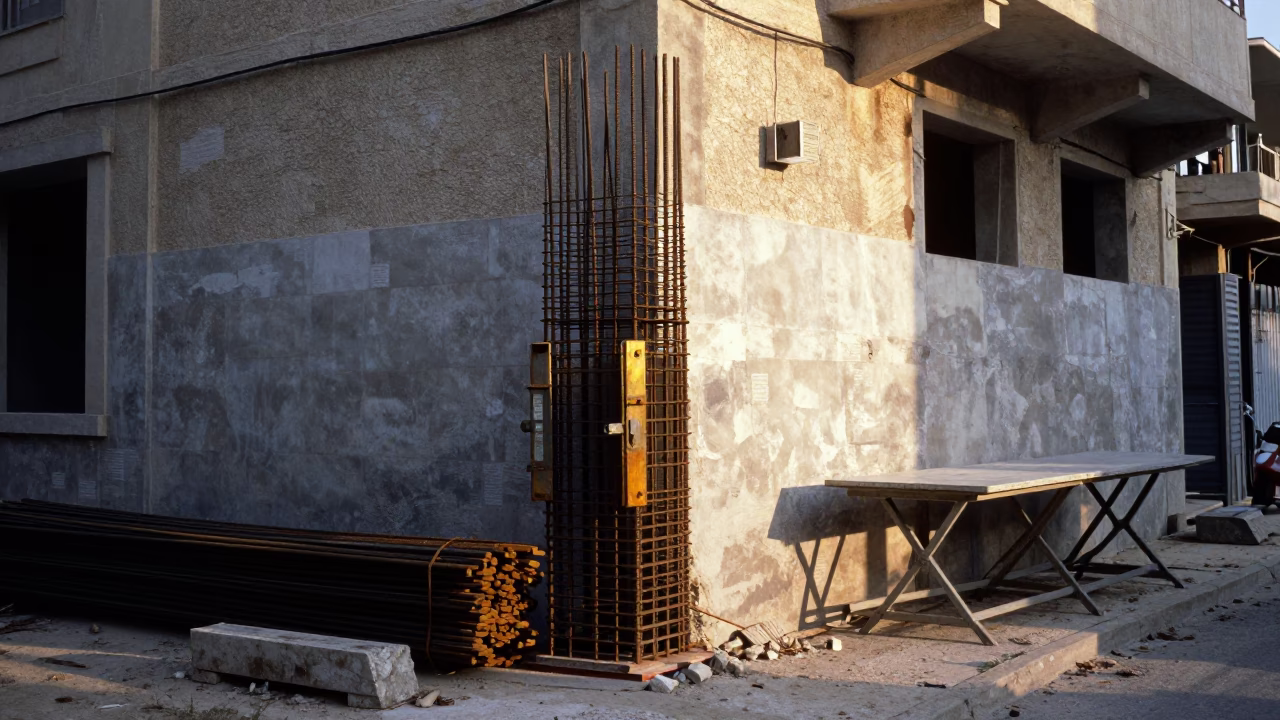 Morning light on Beirut construction site with rebar and folding tables in in Beirut, Lebanon