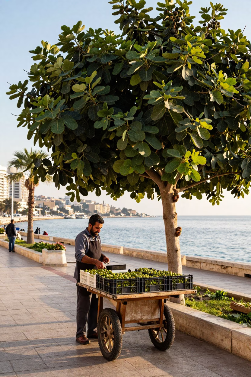 Morning light on Beirut Corniche with fig tree fruit and olive branches in in Beirut, Lebanon