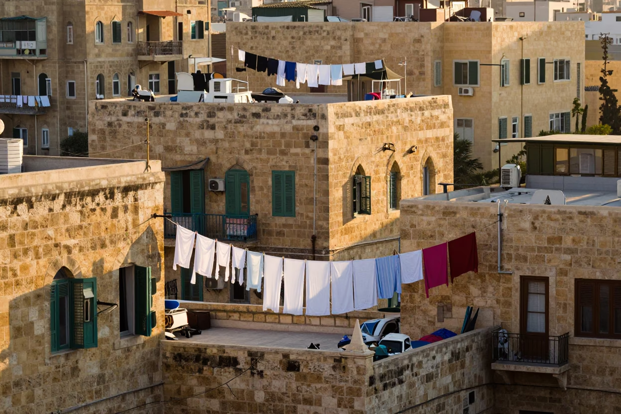 Morning light on Beirut rooftop laundry and stone walls with hanging kunafa in in Beirut, Lebanon