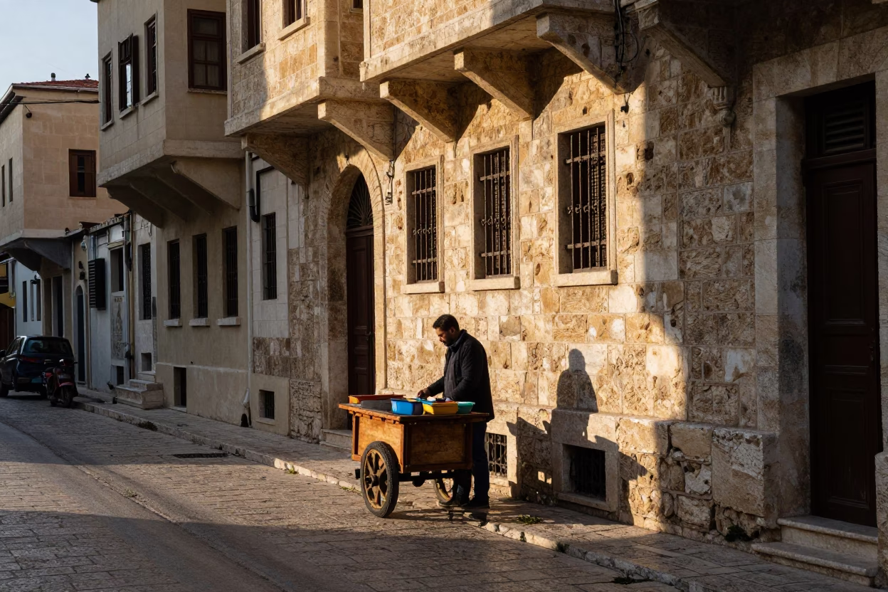 Morning light on Beirut street with stone buildings and local market details in in Beirut, Lebanon
