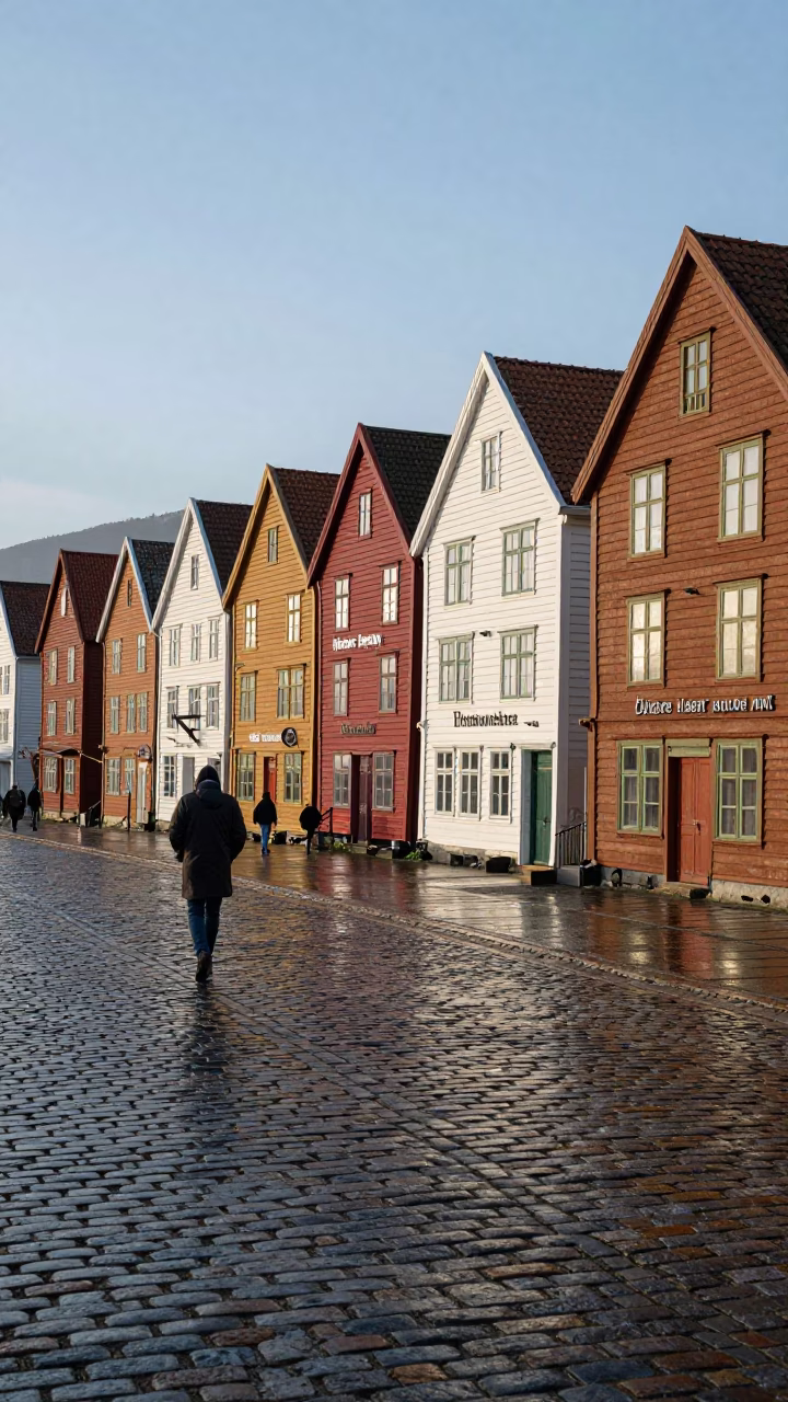 Morning Light on Bergen Cobblestones Near Bryggen Wharf with Wet Pavement Reflections in in Bergen, Norway