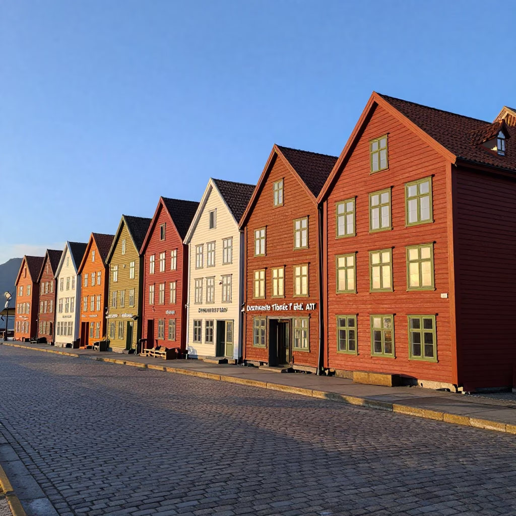Morning Light on Bergen Norway Bryggen Wharf Colorful Hanseatic Wharves and Harbor Activity in in Bergen, Norway
