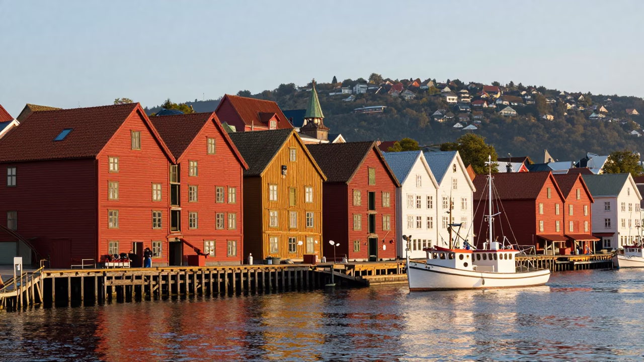 Morning Light on Bergen Wharf Colorful Wharf Buildings and Fishing Boats in in Bergen, Norway