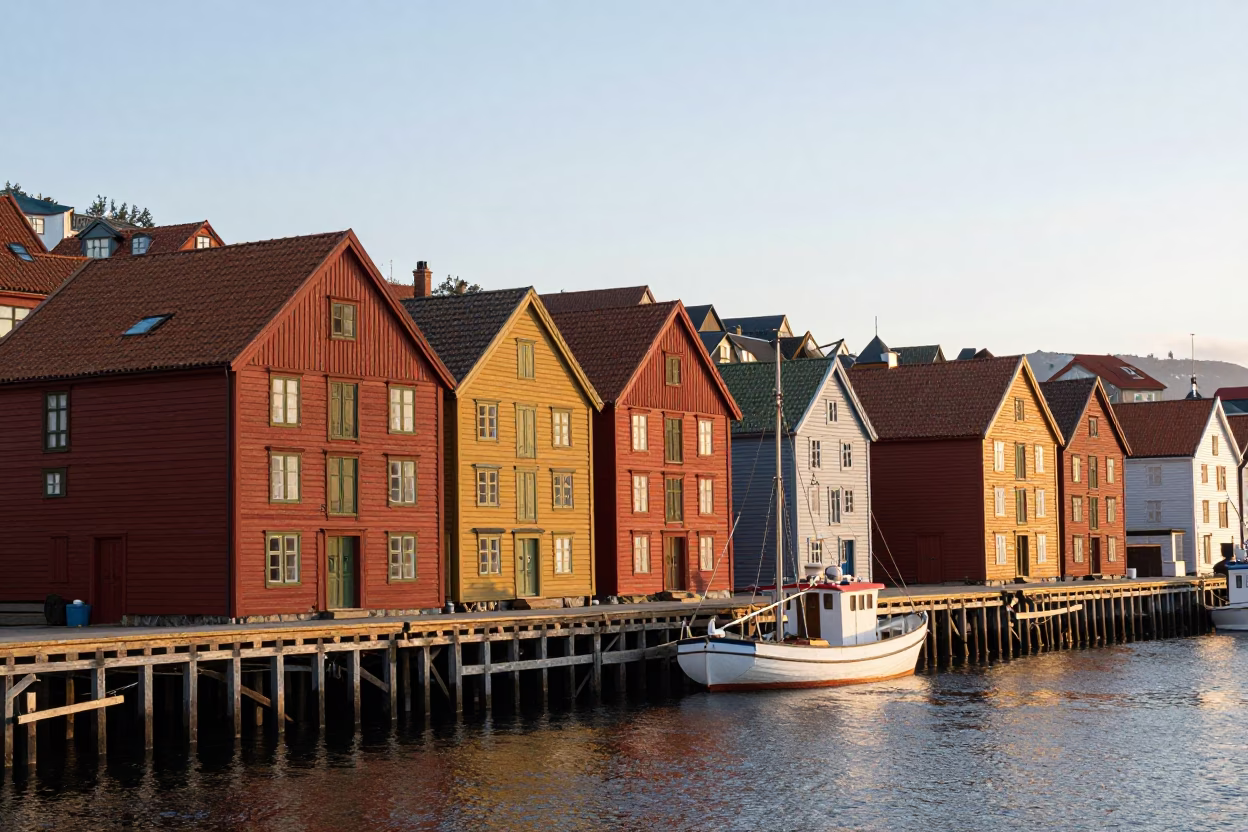 Morning Light on Bergen Wharf Colorful Wharf Houses and Fishing Boats in in Bergen, Norway