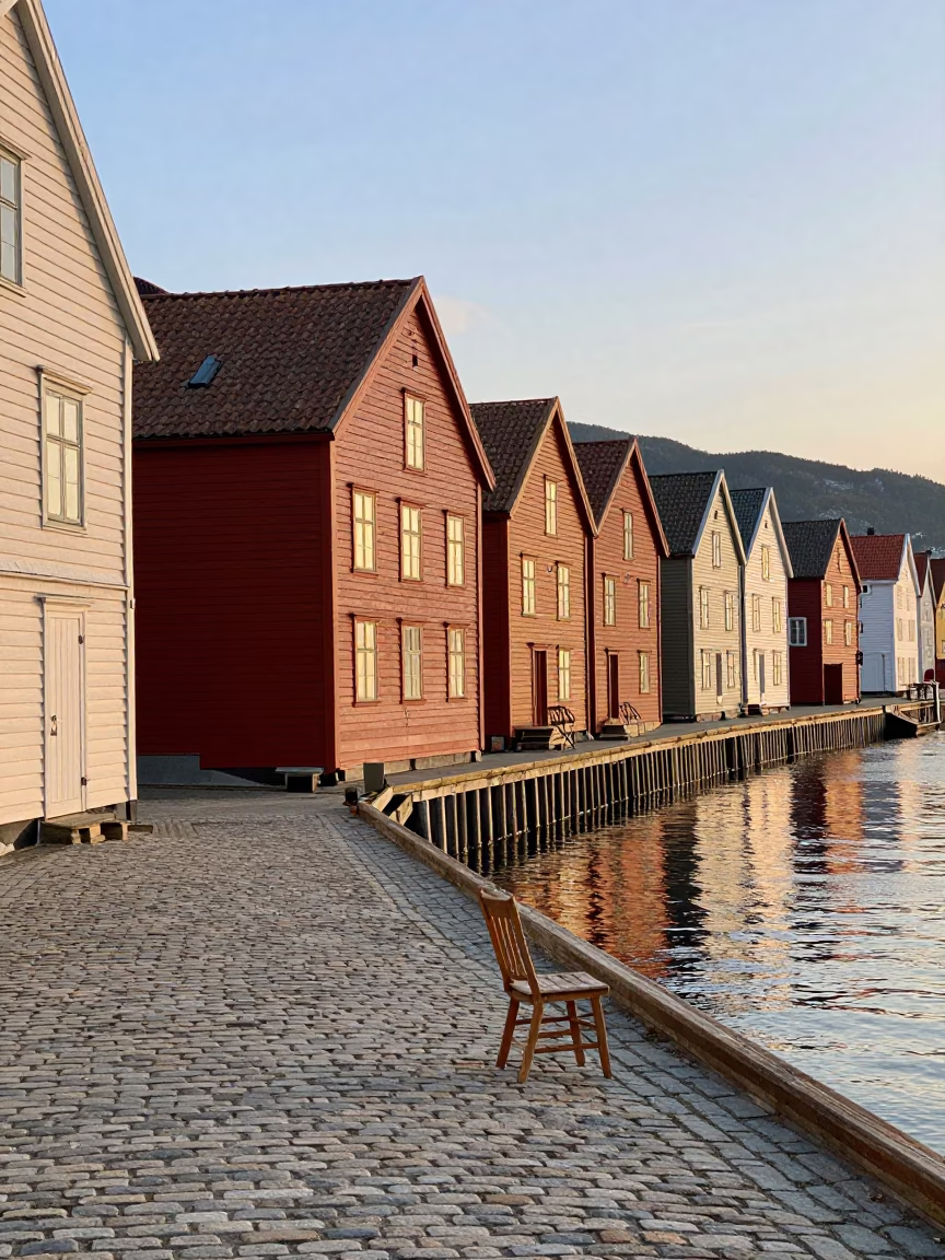Morning Light on Bergen Wharf Historic Wooden Buildings and Chair in in Bergen, Norway