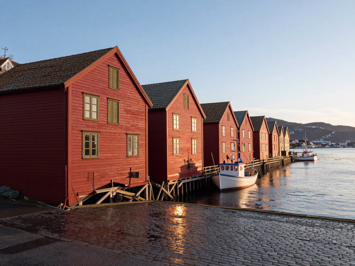 Morning Light on Bergen Wharf Historic Wooden Wharves and Boats in in Bergen, Norway