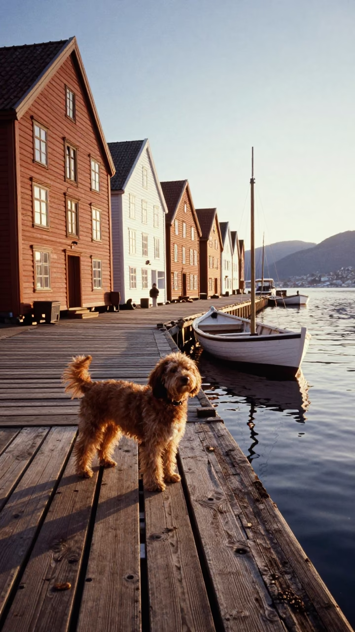 Morning Light on Bergen Wharf with Portuguese Water Dog and Wooden Boat in in Bergen, Norway