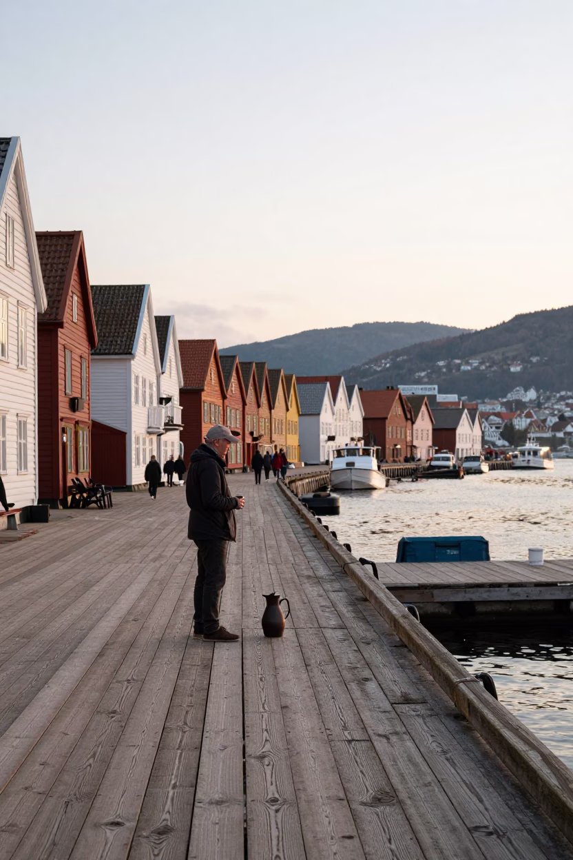 Morning Light on Bergen Wharf with Vintage Coffee Pitcher and Rusty Railings in in Bergen, Norway