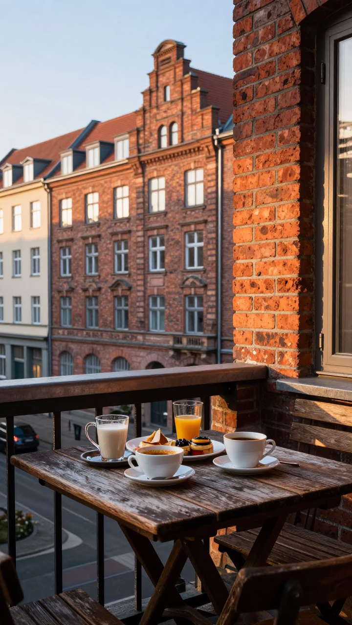 Morning light on Berlin brickwork with breakfast items on wooden table in in Berlin, Germany