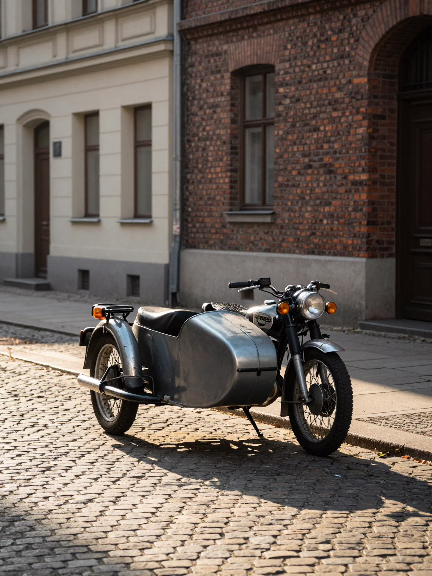 Morning light on Berlin street corner with vintage motorcycle sidecar and ceramic cup in in Berlin, Germany