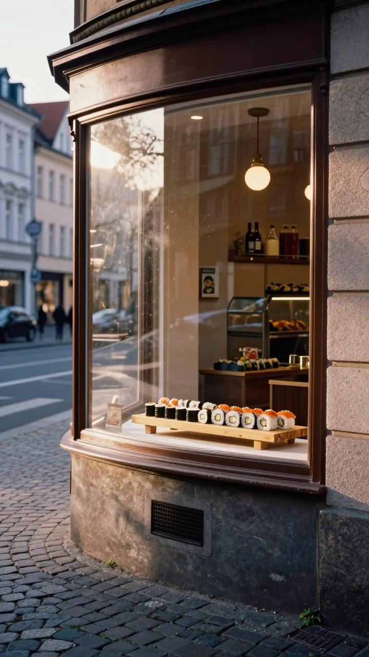 Morning Light on Berlin Street with Bakery Display and Salt Shaker Detail in in Berlin, Germany