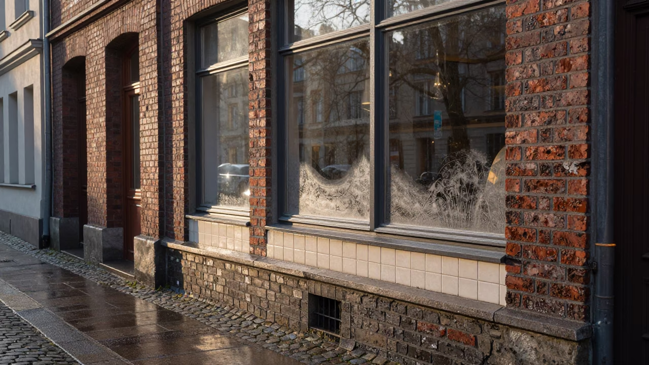 Morning Light on Berlin Street with Condensation on Window Tile and Dandelion Seed Head in in Berlin, Germany