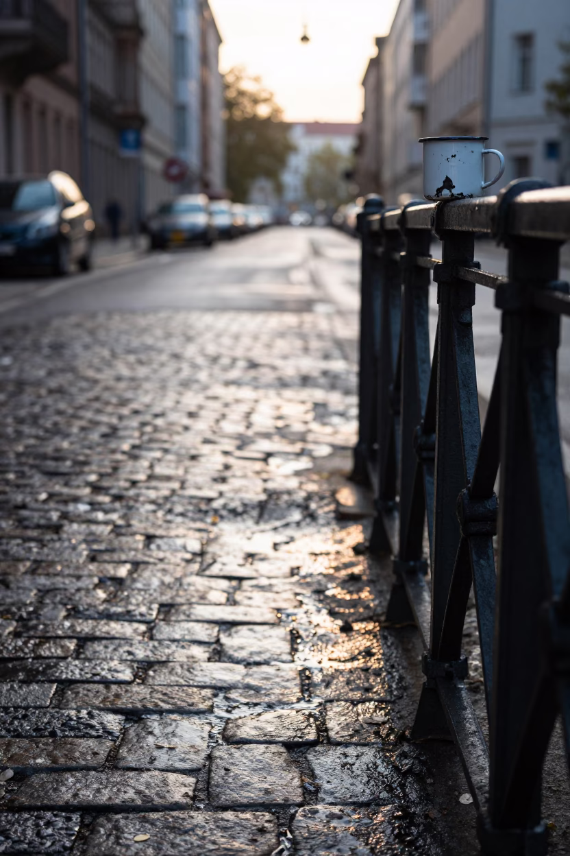 Morning Light on Berlin Street with Dried Enamel Drips and Coffee Cup in in Berlin, Germany