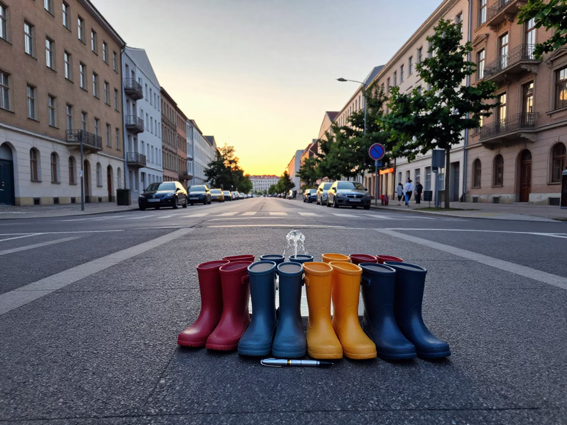 Morning light on Berlin street with fountain pen and rain boots near kindergarten in in Berlin, Germany