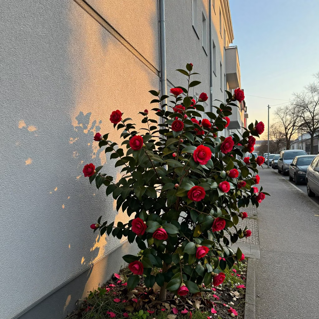 Morning light on Berlin street with red camellia flowers and urban architecture in in Berlin, Germany