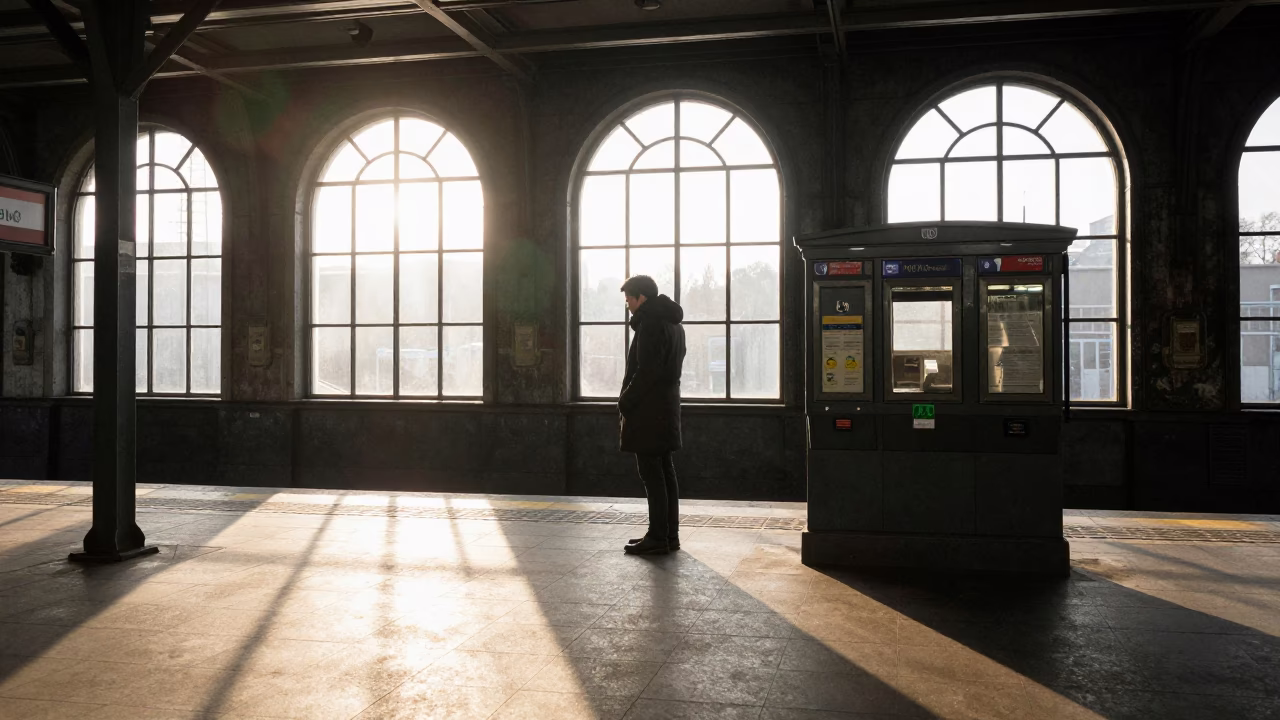 Morning Light on Berlin U-Bahn Platform with Commuter and Ticket Machine in in Berlin, Germany