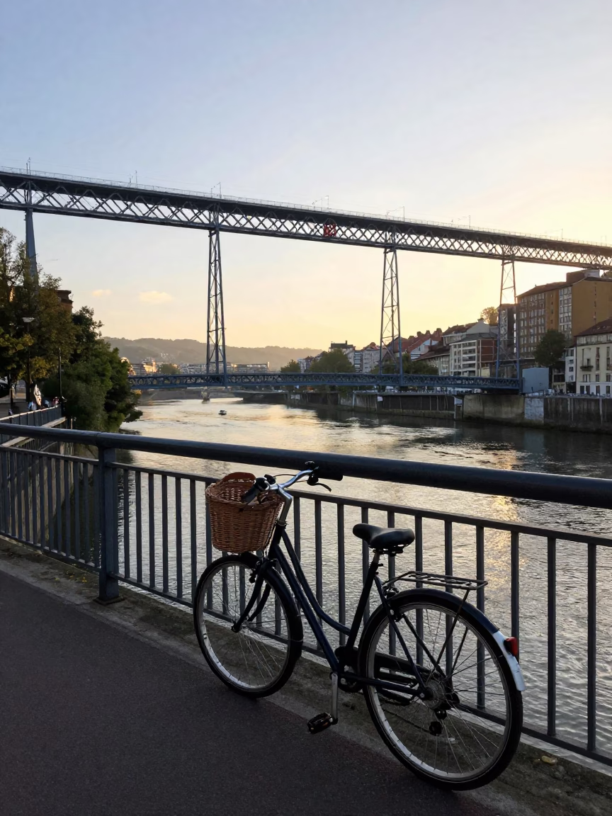 Morning Light on Bilbao Bridge and River with Bicycle Basket and Metro Train in in Bilbao, Spain
