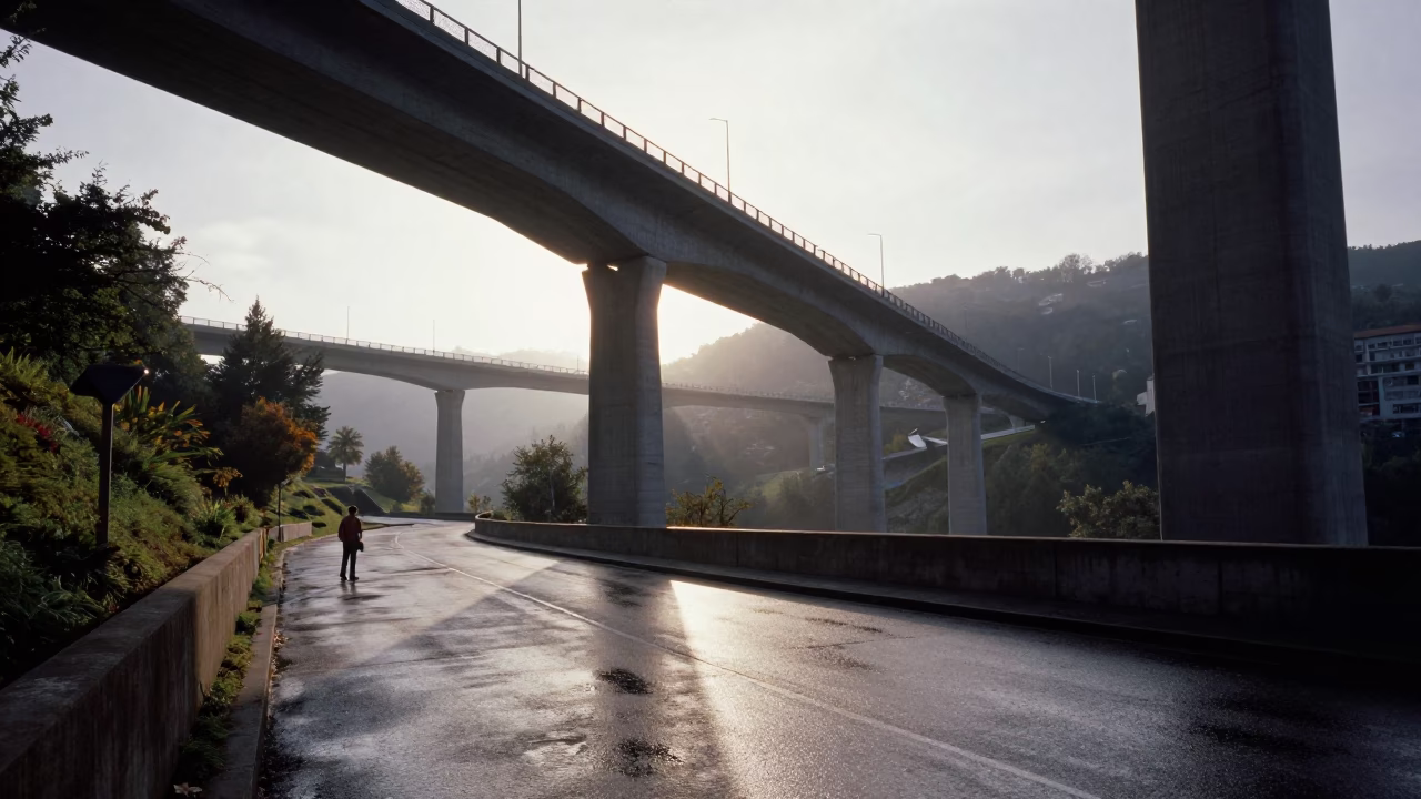 Morning light on Bilbao concrete viaduct valley floor and suitcases near station in in Bilbao, Spain
