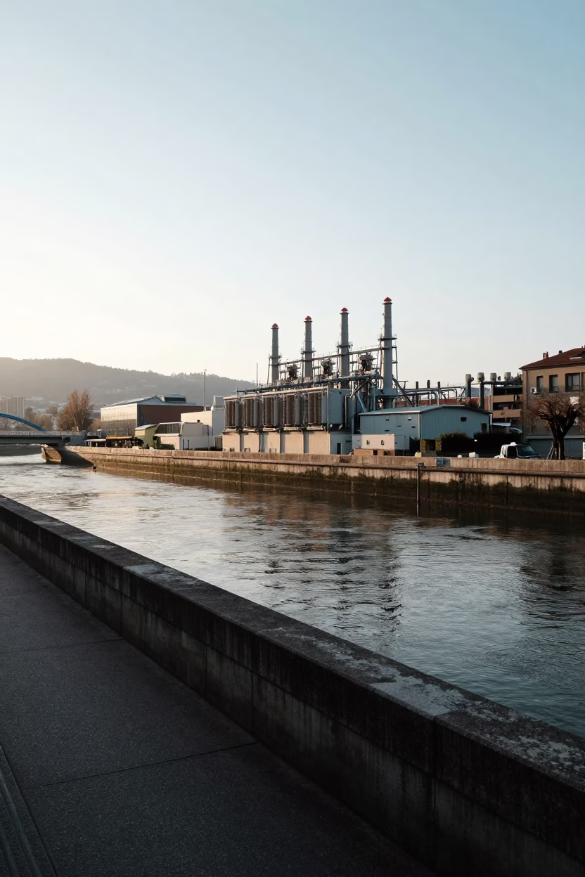 Morning Light on Bilbao's Nervion River Promenade with Substation and Distant Ship in in Bilbao, Spain