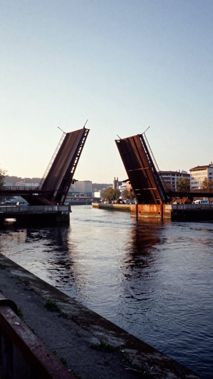Morning Light on Bilbao's Nervion River with Rusted Drawbridge and Bar Stools in in Bilbao, Spain