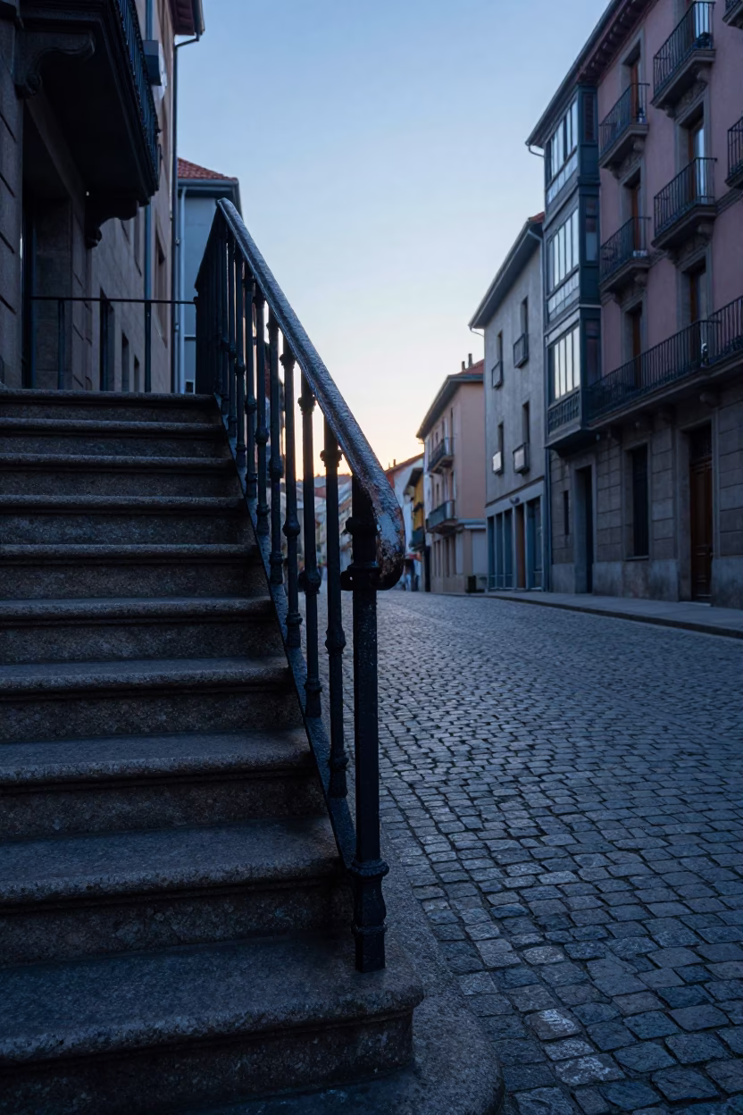 Morning Light on Bilbao Stair Rail and Cobblestone Street Before Sunrise in in Bilbao, Spain