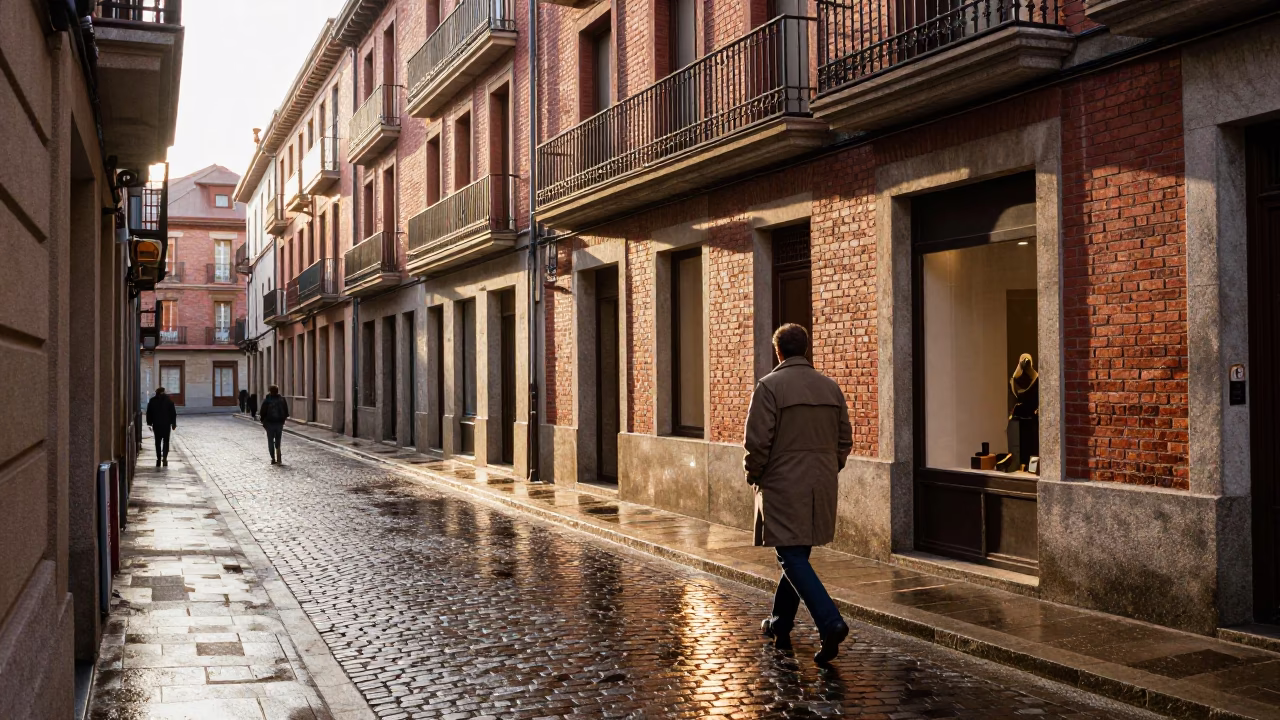 Morning Light on Bilbao Streets with Vintage 1980s Details and Local Architecture in in Bilbao, Spain