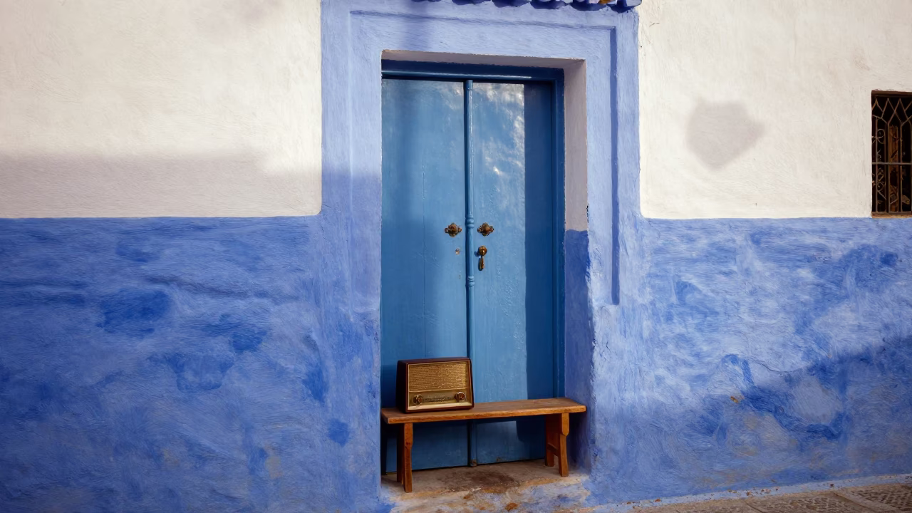 Morning Light on Blue Doorway in Essaouira Morocco with Vintage Radio and Honey in in Essaouira, Morocco