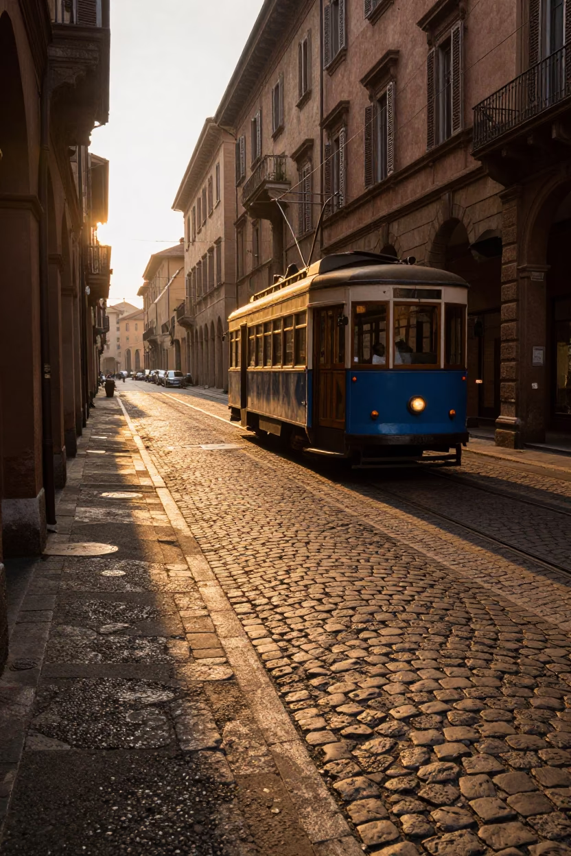 Morning Light on Bologna Cobblestones with Heritage Tram and Cherry Blossoms in in Bologna, Italy