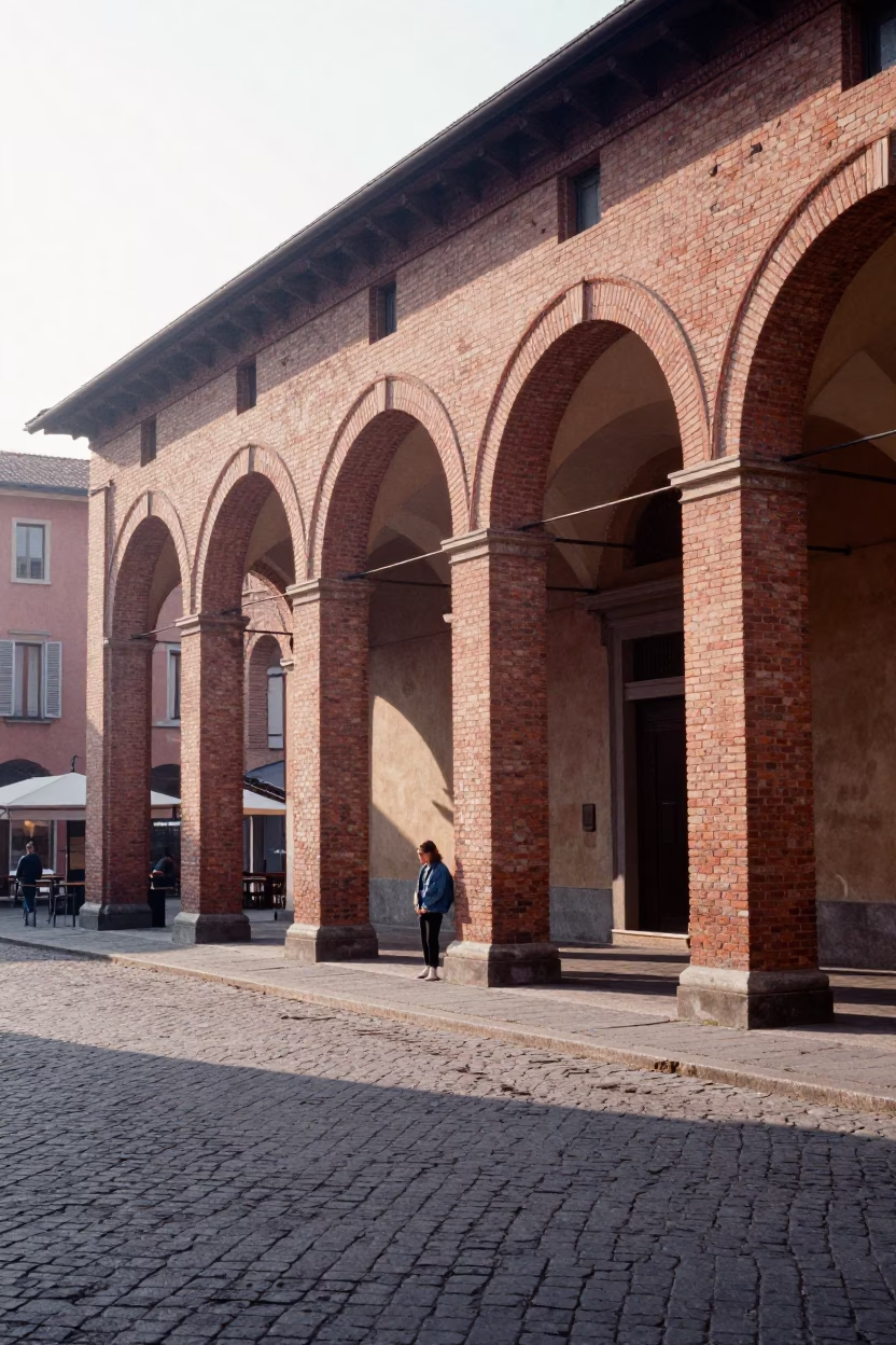 Morning light on Bologna porticoes near Via Zamboni with local café details in in Bologna, Italy