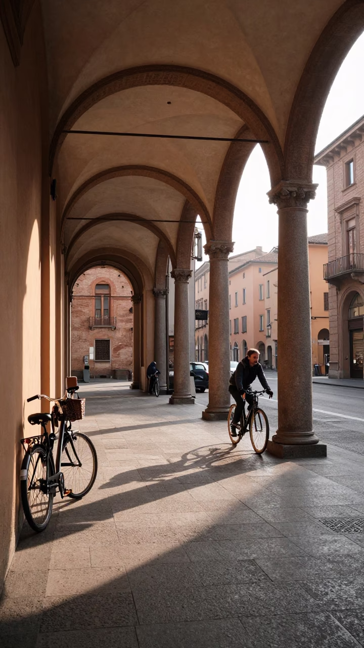 Morning light on Bologna porticoes with bicycle and street scene in in Bologna, Italy