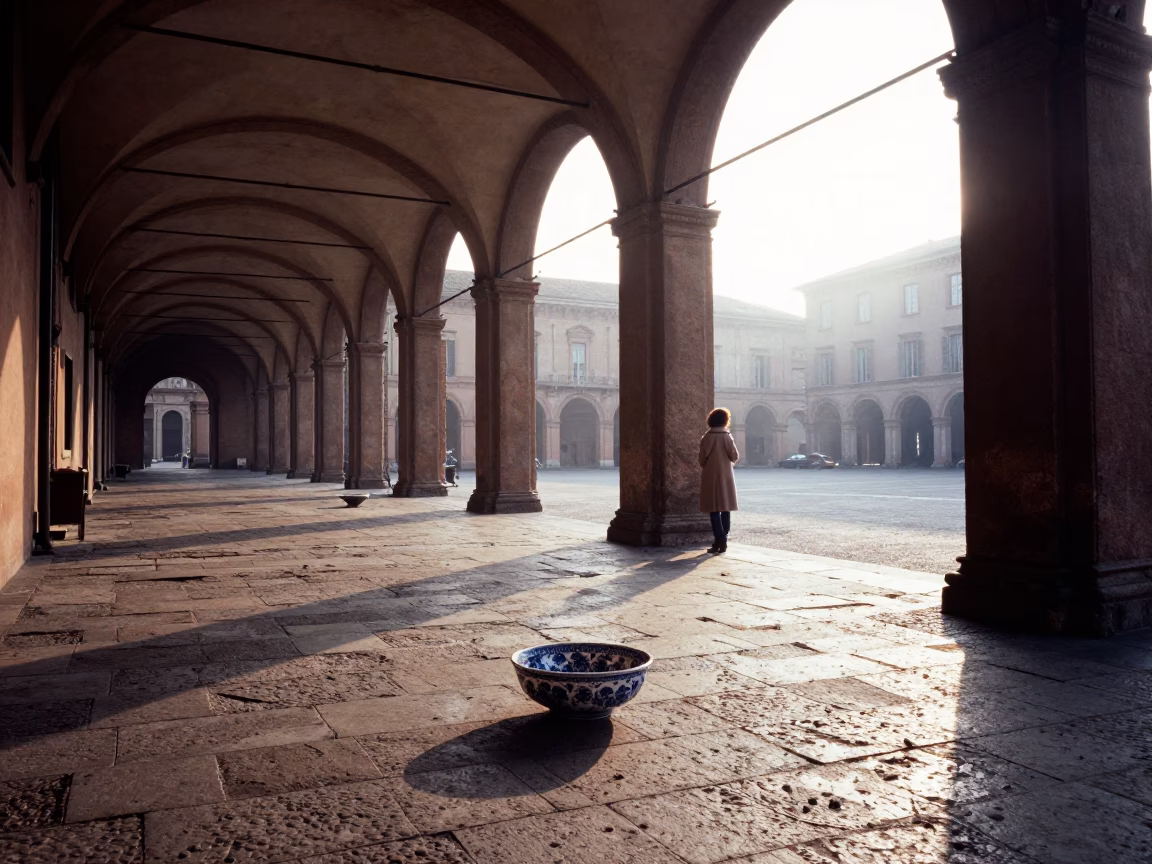 Morning Light on Bologna Porticoes with Blue Porcelain Bowl on Stone Ledge in in Bologna, Italy