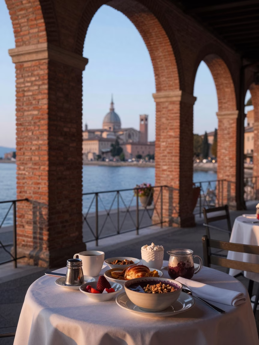 Morning light on Bologna porticoes with breakfast table and sugar jar at nautical dawn in in Bologna, Italy