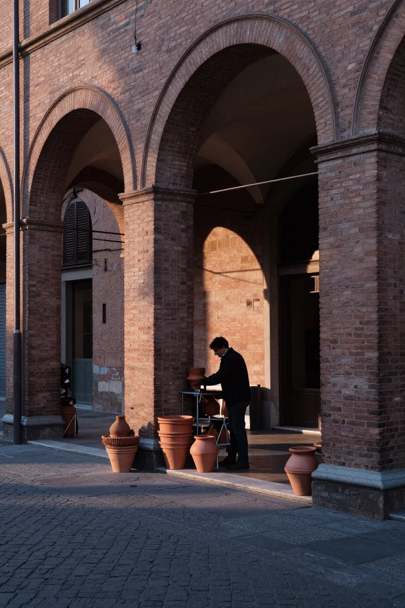 Morning light on Bologna porticoes with clay pots and garden hose in in Bologna, Italy