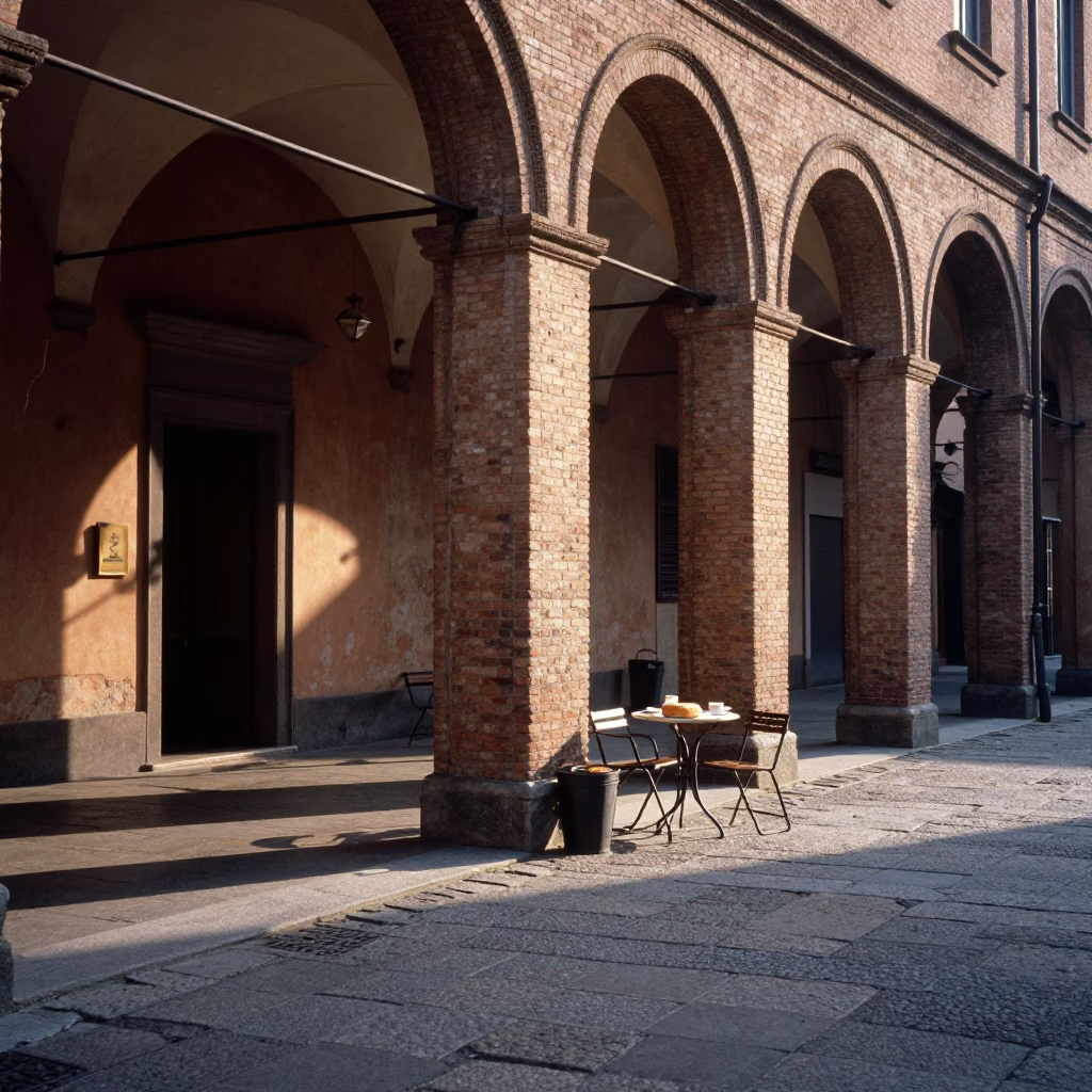 Morning light on Bologna porticoes with espresso and bread basket in in Bologna, Italy